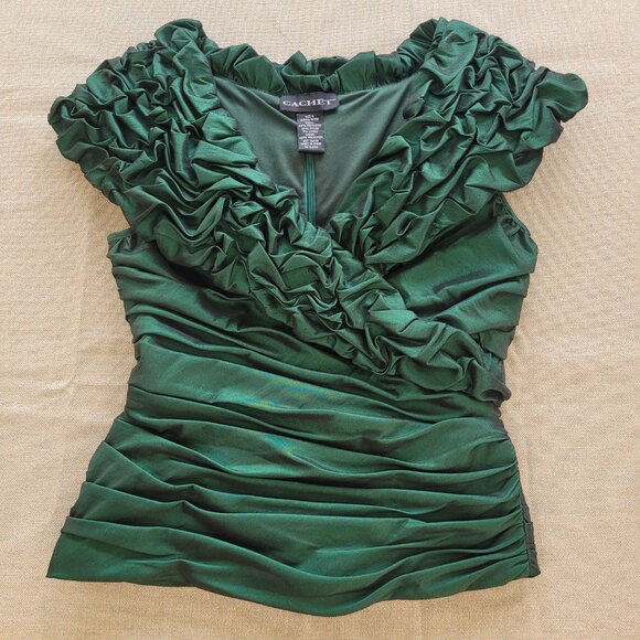 Emerald Green V Neck Bodycon Top. Back Zipper. 6. Cachet. - Picture 2 of 16